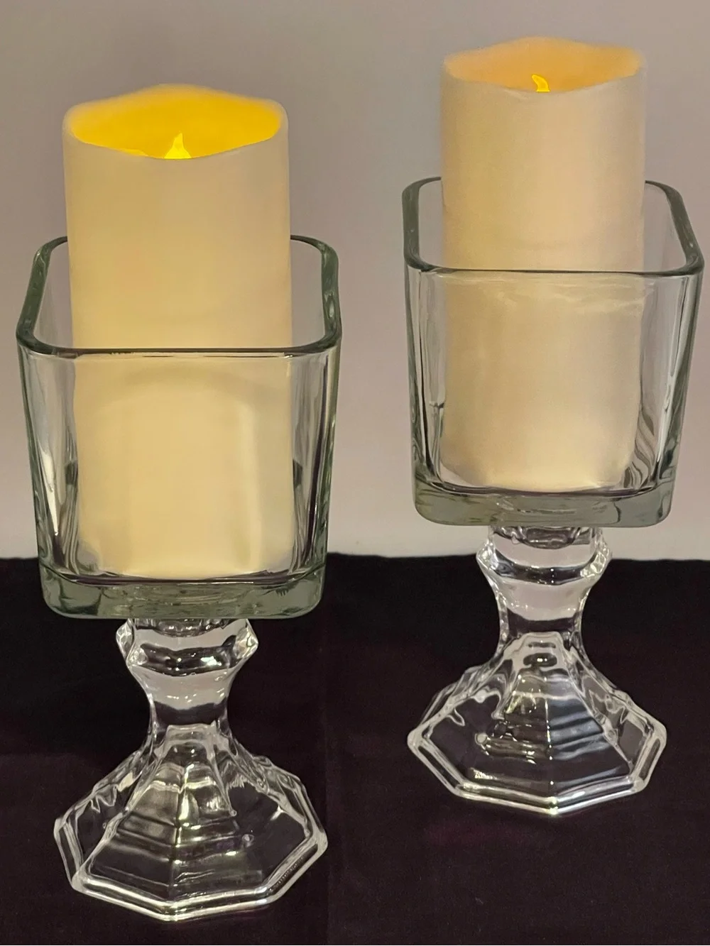 Vintage Pressed Glass Candle Holders Square Top Hexagonal Stem Pedestal Set of 2